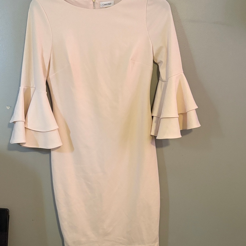 Calvin Klein Long Sleeve Dress with Ruffle Detail in Cream